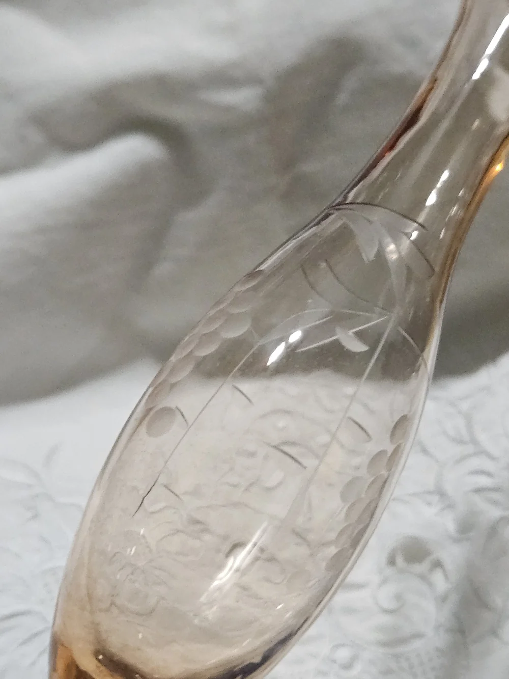 Vintage Pink Depression Footed Vase with Grapes Etched